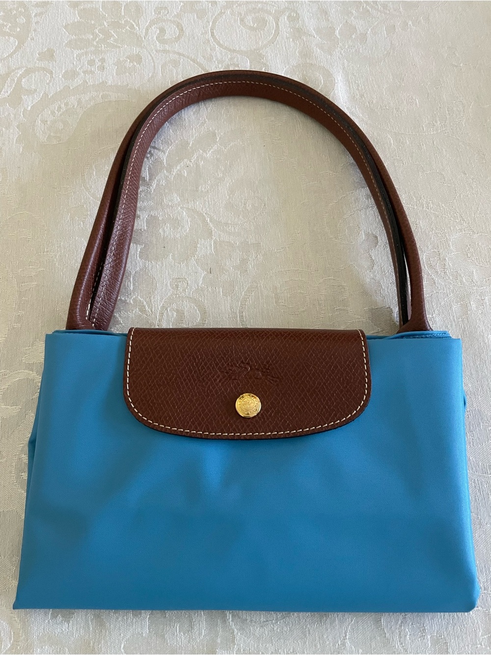 Longchamp Le Pliage Shoulder Tote in Cornflower with Brown Trim